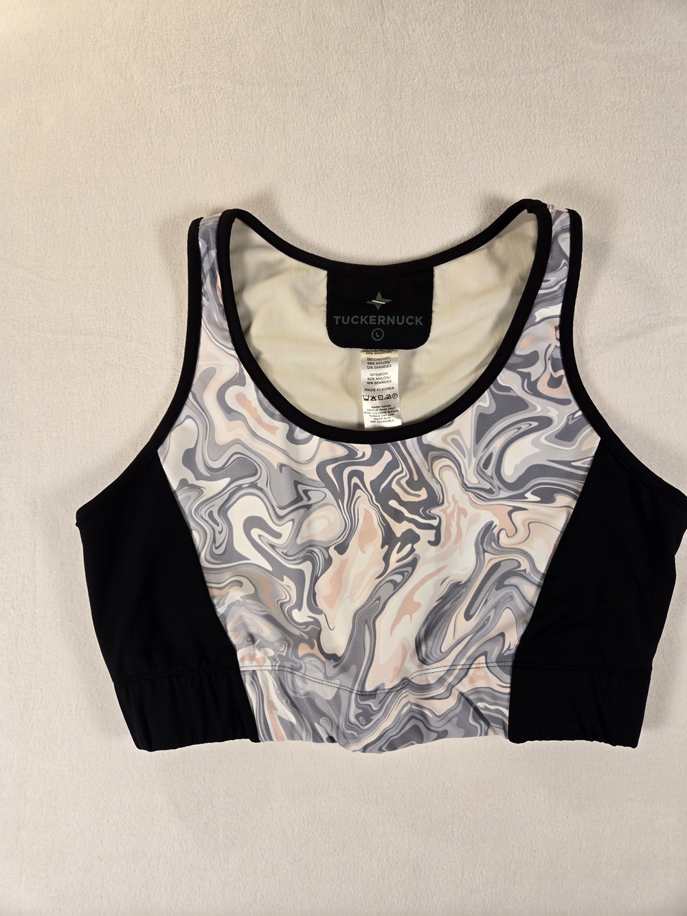 Tuckernuck Marble-Print Sports Bra in Black, Light Pink, Gray and Cream